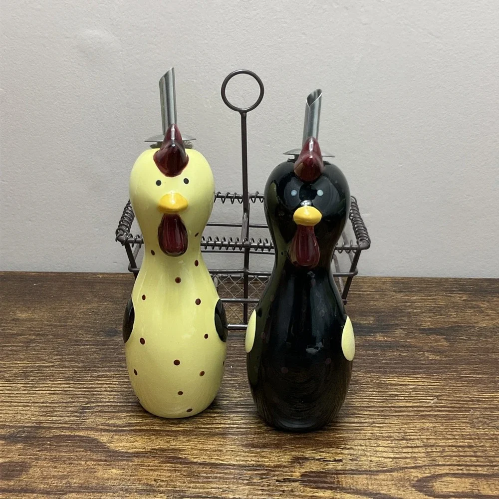 Bonne Lynn Chicken Rooster Figural Oil Vinegar Cruet Set With Basket Holder